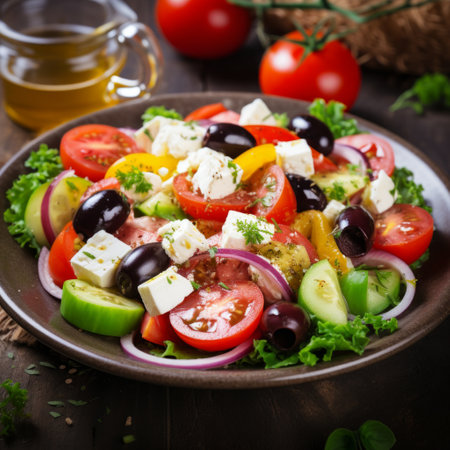 Stock image of a Mediterranean-style salad with olives, feta cheese, tomatoes, and olive oil, fresh and flavorful Generative AIの素材