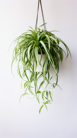Stock image of a Spider Plant on a white background, arching leaves and tiny offshoots, airy and gracefu Generative AIの素材