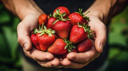 close-up of a man's hands holding a lot of strawberries, harvesting in the garden Generative AIの素材