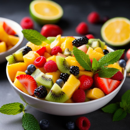 Stock image of a colorful fruit salad in a bowl, fresh and nutritious dessert or snack Generative AIの素材