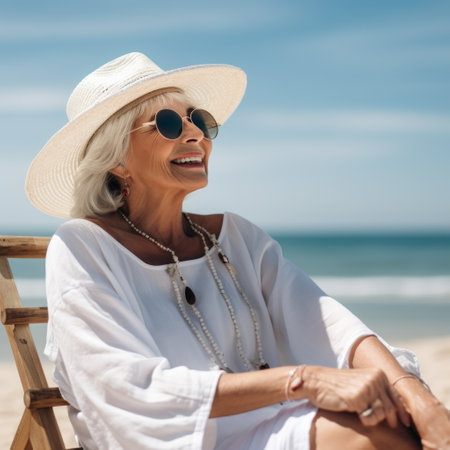 Stock image of a senior woman enjoying a day at the beach, relaxing and soaking up the sun Generative AIの素材