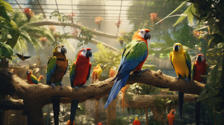 Zoo aviary showcasing a variety of exotic birds, visitors observing diverse avian species in a natural habitat Generative AIの素材