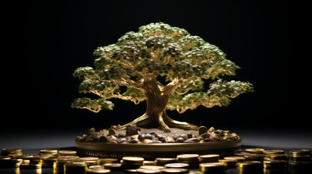 Ultra-realistic visual representation featuring a tree on a white backdrop as a symbol of the strength of capital growth beside a coin. Detailed and lifelike depiction showing the synergy between financial prosperity and the resilience of nature in a realistic photo Generative AIの素材