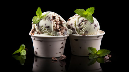 Three scoops of refreshing mint chocolate chip ice cream showcased in a close-up realistic photo against a white background Generative AIの素材