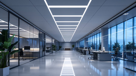 Well-lit office environment with rows of overhead LED bulbs, providing ample lighting for a focused and efficient workplace setting Generative AIの素材