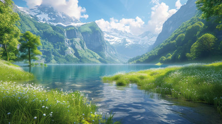 Swiss mountainous terrain with a serene lakeshore, verdant meadows extending to the water's edge, lush green grass, and a realistic alpine scene Generative AIの素材