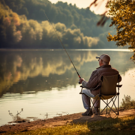 Stock image of an older man fishing by a peaceful lake, enjoying a quiet hobby Generative AIの素材
