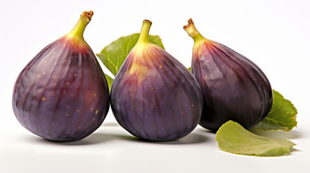 Three ripe figs captured in a close-up realistic photo against a white background Generative AIの素材