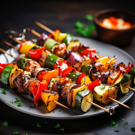 Stock image of grilled vegetable skewers on a plate, healthy and delicious barbecue option Generative AIの素材