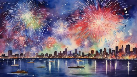 Watercolor painting capturing the beauty and vibrancy of a fireworks celebration Generative AIの素材