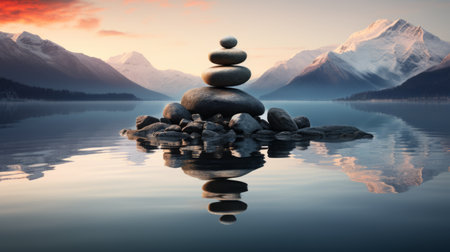 Ultra-realistic image showcasing a pyramid of stones nestled against a backdrop of serene water, majestic mountains, and nature's beauty. Incorporate elements of mindfulness, yoga, meditation, healthy eating, and self-care amidst the tranquil scenery Generative AIの素材