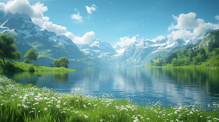 Tranquil Swiss lake setting with extensive green meadows along the shoreline, detailed and realistic close-ups of lush grass, showing the beauty of the alpine lakeside Generative AIの素材