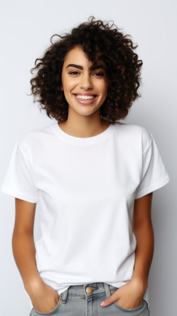 Stock image of a woman in a casual t-shirt and jeans on a white backdrop Generative AIの素材