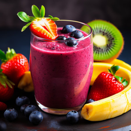 Stock image of acai berry smoothie in a glass with fresh fruit garnish, healthy and refreshing drink Generative AIの素材