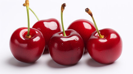 Three sweet, ripe red cherries captured in a close-up realistic photo on a white background Generative AIの素材