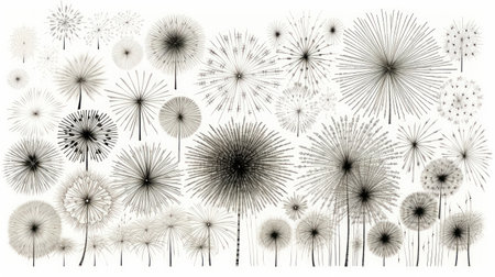 Generative AI Engraved-style line art of fireworks bursting in various shapes and sizes.の素材