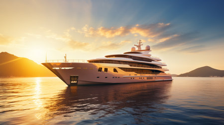 Realistic photo of an opulent yacht cruise at sunset, luxurious setting with sun-kissed hues, wealthy vacationers enjoying the view Generative AIの素材