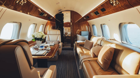 Private jet interior, luxurious cabin, affluent travel, elegant ambiance Generative AIの素材