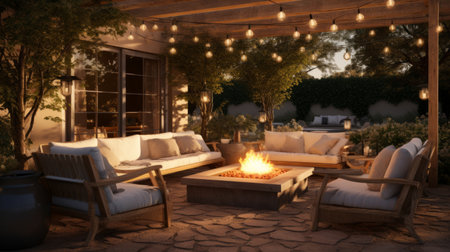 Generative AI Inviting outdoor patio with comfortable seating and a fire pit.の素材