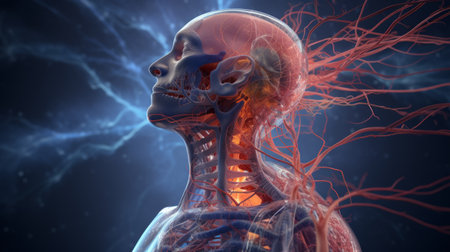 Generative AI High-resolution visual representation of the peripheral nervous system (PNS), highlighting nerve bundles and ganglia connecting the CNS to various body parts. photorealistic epic lightingの素材