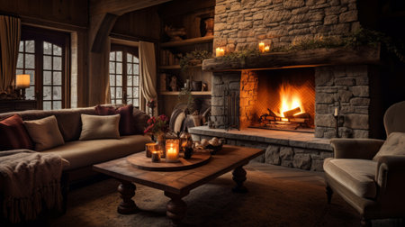 Realistic photo of a rustic living room with a stone fireplace, exposed wooden beams, cozy seating, soft ambient lighting, charming and traditional setting Generative AIの素材
