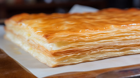 Generative AI Flaky and buttery puff pastry, layers visible, showing the process of laminating and folding.の素材