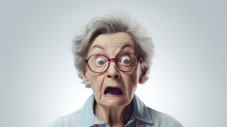 Generative AI Senior female professor, displaying surprise and curiosity, with widened eyes and raised eyebrows, set against a white backdropの素材