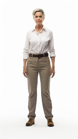 Generative AI Middle-aged female delivery person with packages, gentle smile, professional posture, in full growth against a plain white backgroundの素材