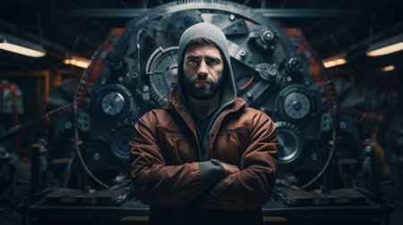 Generative AI Portrait of an auto mechanic holding a timing belt, explaining maintenance, expertise demonstrated in a workshopの素材