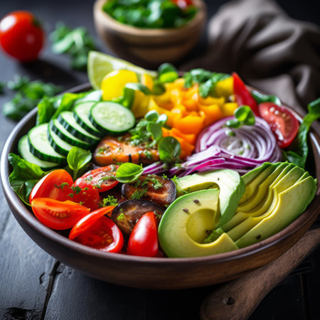 Stock image of a healthy salad bowl with fresh vegetables, vibrant colors, and appetizing presentation Generative AIの素材