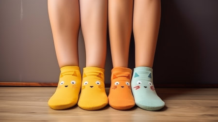 Realistic photo of women's legs wearing cozy ankle socks with playful cartoon characters, bright and cheerful colors, soft studio lighting, fun and youthful ambiance Generative AIの素材