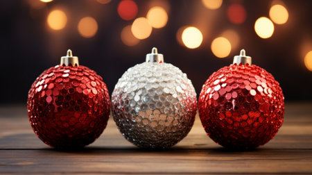 Generative AI Lineup of radiant red and silver Christmas ornaments, excellent for festive holiday adornmentsの素材