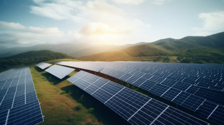Generative AI Overhead views of a solar farm installed on rolling hills, showcasing rows of photovoltaic panels.の素材