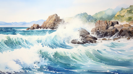Generative AI Rugged coastlines with crashing waves. aquarelleの素材