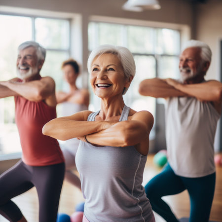 Stock image of a group of seniors doing aerobics in a fitness class, staying active and healthy Generative AIの素材