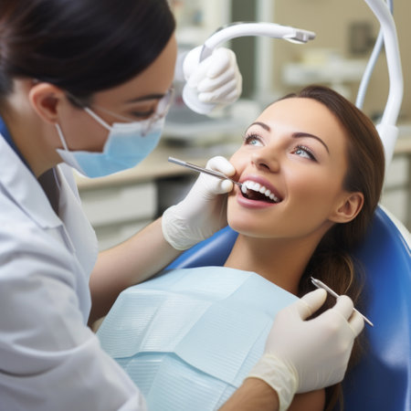 Stock image of a dental professional conducting a dental check-up, friendly and professional environment Generative AIの素材