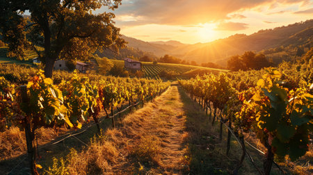 Serene vineyard landscape, rows of grapevines, rustic winery, sunset casting warm hues Generative AIの素材