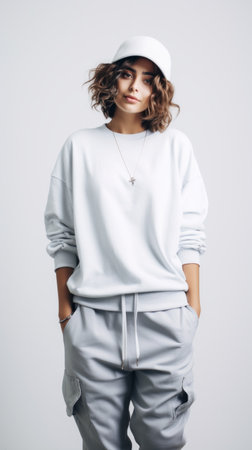 Stock image of a woman in fashionable streetwear on a white backdrop Generative AIの素材