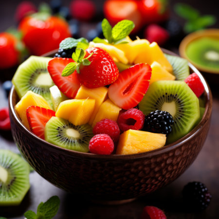 Stock image of fresh fruit salad in a bowl, colorful and nutritious dessert or snack Generative AIの素材