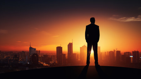 Sunset silhouette of a poised businessman, standing tall against the cityscape, warm evening tones, poised and focused presence Generative AIの素材