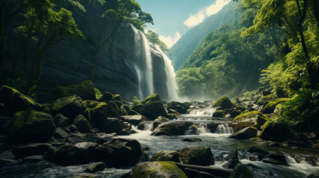 Generative AI A cascading waterfall tumbling down sheer cliffs into a pristine mountain stream, amidst lush vegetation.の素材