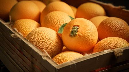 A box packed with ripe, fragrant cantaloupes, close-up realistic photo Generative AIの素材