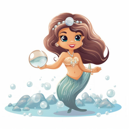 Generative AI A pint-sized mermaid with a sparkling tail and seashell accessories, holding a pearl.の素材