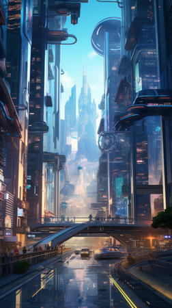Generative AI A cyberpunk-inspired city setting characterized by towering megatowers, holographic billboards, and bustling streets filled with futuristic transportation podsの素材
