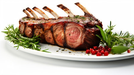 A juicy rack of lamb showcased in a close-up realistic photo against a white background Generative AIの素材