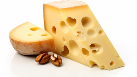 A nutty Swiss cheese captured in a close-up realistic photo against a white background Generative AIの素材