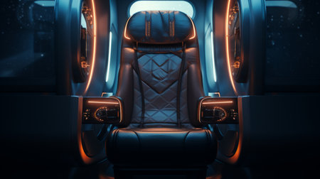 Generative AI Close-up of a well-designed aircraft seat, highlighting comfort, adjustable features, and in-flight entertainment systemの素材