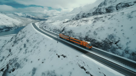 Generative AI A top-view perspective of a train passing through snow-covered mountain passes, emphasizing the railway's connection through challenging terrain.の素材