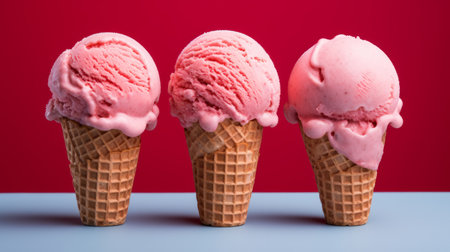 A trio of strawberry ice cream scoops captured in a close-up realistic photo against a white background Generative AIの素材