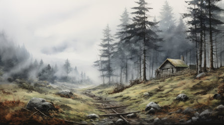 Generative AI A serene, mist-covered forest with a wooden cabin. landscape watercolorの素材